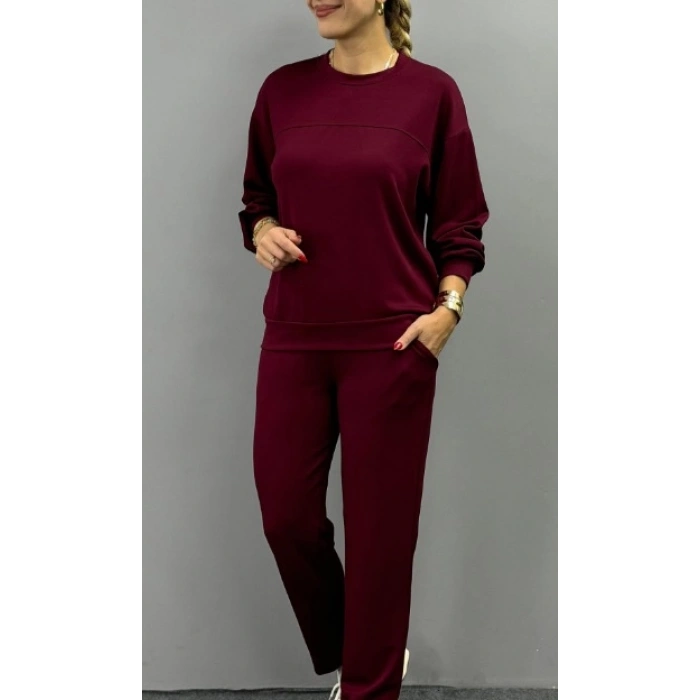 MDB Kadın Uzun Kollu Bisiklet Yaka Viskon Iki Iplik Bluz Ve Pantolon Ikili Takım