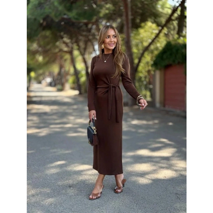 MDB Kadın Uzun Kollu Bisiklet Yaka Yandan Bağlamalı Uzun Modal Elbise