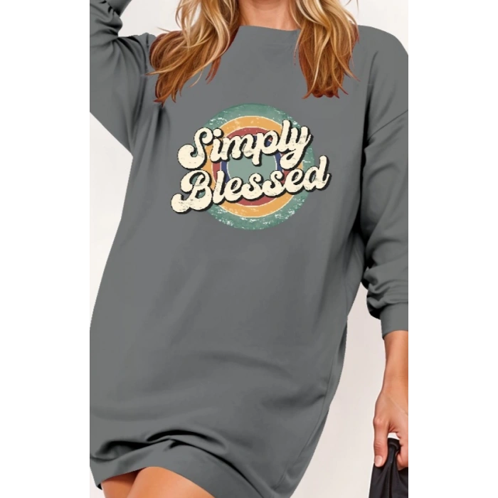 MDB Kadın Uzun Kollu Bisiklet Yaka Yazılı Viskon Iki Iplik Elbise