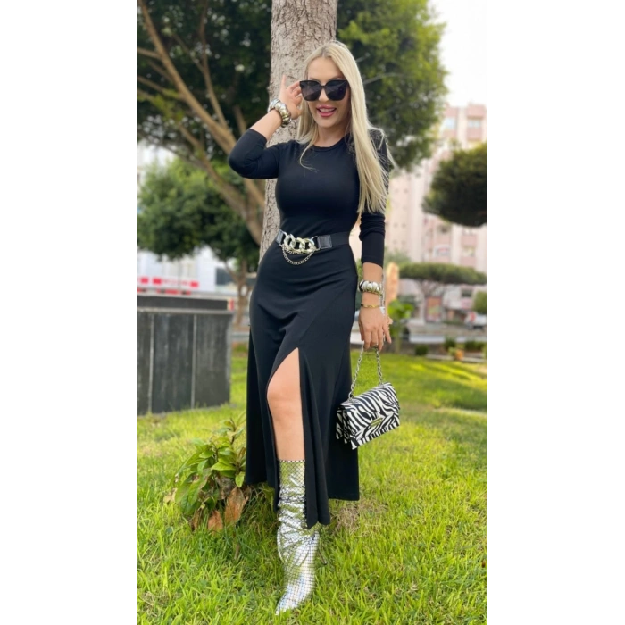 MDB Kadın Uzun Kollu Bisiklet Yaka Yırtmaçlı Kemerli Uzun çilek Elbise