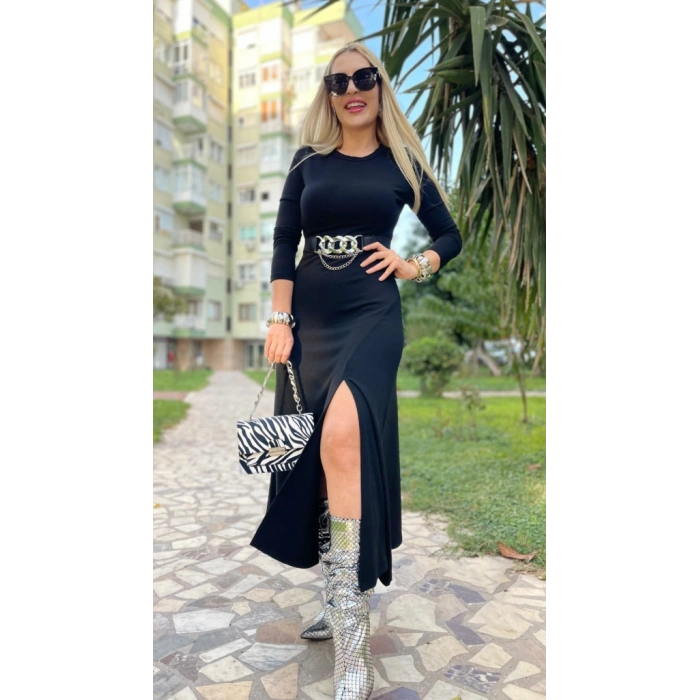 MDB Kadın Uzun Kollu Bisiklet Yaka Yırtmaçlı Kemerli Uzun çilek Elbise