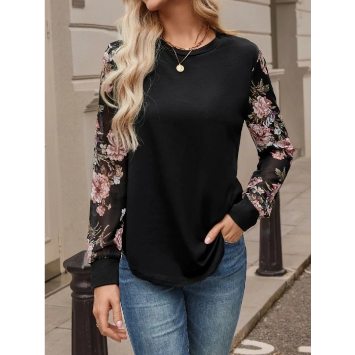 MDB Kadın Uzun Kollu Bisiklet Yakalı Kolun çiçek Desenli Viskon Iki Iplik Bluz