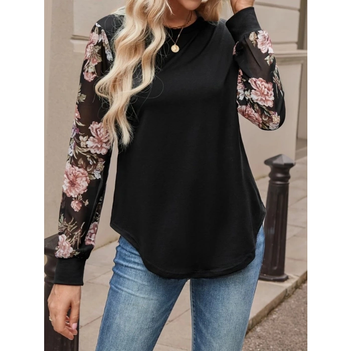 MDB Kadın Uzun Kollu Bisiklet Yakalı Kolun çiçek Desenli Viskon Iki Iplik Bluz