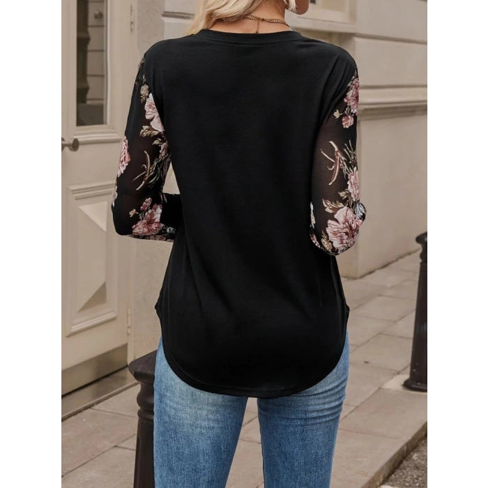 MDB Kadın Uzun Kollu Bisiklet Yakalı Kolun çiçek Desenli Viskon Iki Iplik Bluz