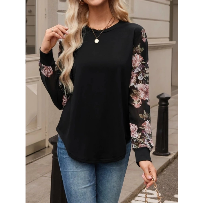 MDB Kadın Uzun Kollu Bisiklet Yakalı Kolun çiçek Desenli Viskon Iki Iplik Bluz