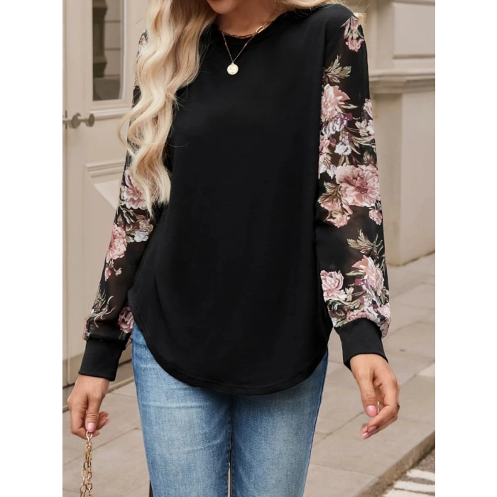 MDB Kadın Uzun Kollu Bisiklet Yakalı Kolun çiçek Desenli Viskon Iki Iplik Bluz