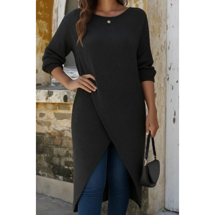 MDB Kadın Uzun Kollu Bisiklet Yakalı önden çapraz Kesim Detaylı Midi Triko Elbise