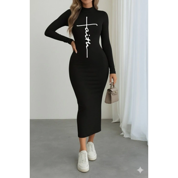 MDB Kadın Uzun Kollu Boğazlı Baskı Detaylı Viskon Tam Boy Elbise