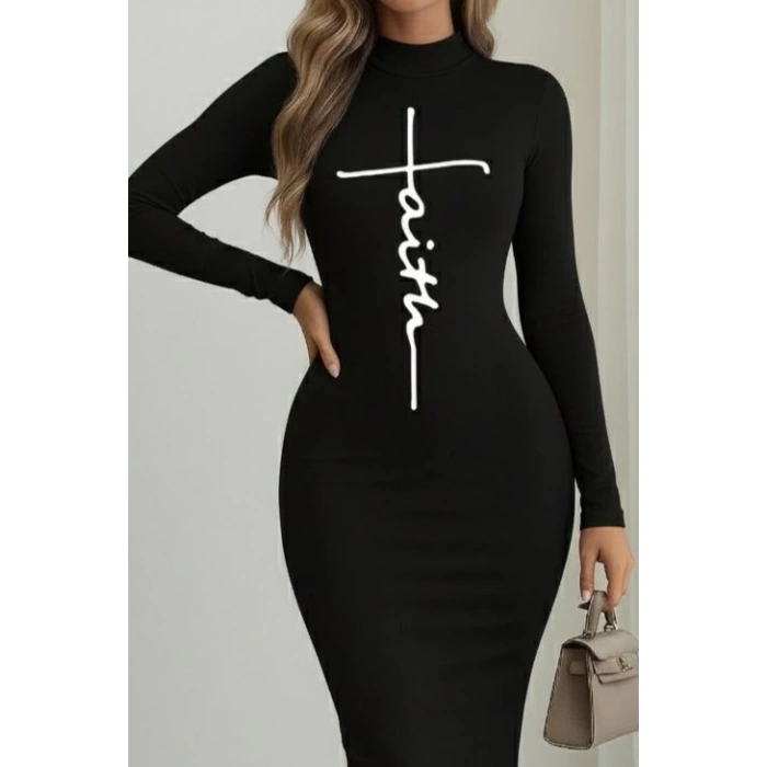 MDB Kadın Uzun Kollu Boğazlı Baskı Detaylı Viskon Tam Boy Elbise