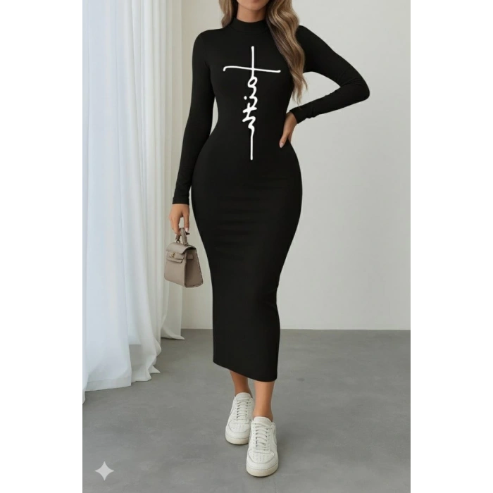 MDB Kadın Uzun Kollu Boğazlı Baskı Detaylı Viskon Tam Boy Elbise