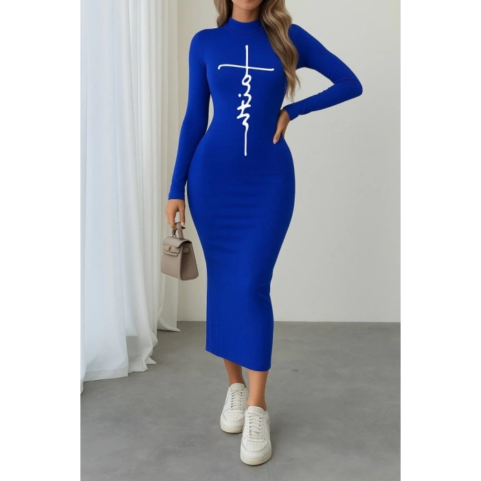 MDB Kadın Uzun Kollu Boğazlı Baskı Detaylı Viskon Tam Boy Elbise