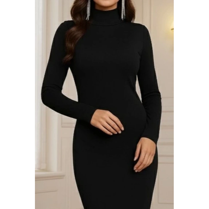 MDB Kadın Uzun Kollu Boğazlı Midi Boy Triko Elbise (kemersiz)