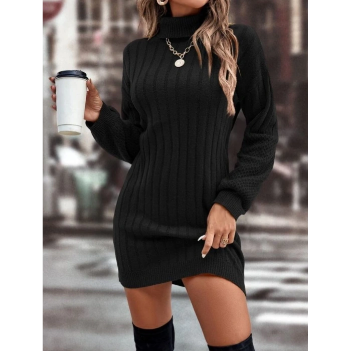 MDB Kadın Uzun Kollu Boğazlı Uzun Balon Kol Triko Mini Elbise