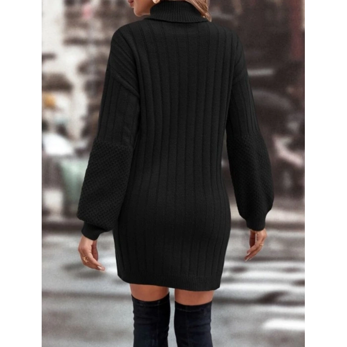 MDB Kadın Uzun Kollu Boğazlı Uzun Balon Kol Triko Mini Elbise