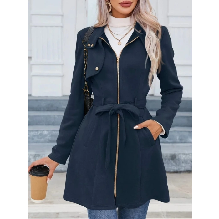 MDB Kadın Uzun Kollu Boyundan Düğmeli Fermuarlı Beli Kuşaklı Süet Ceket