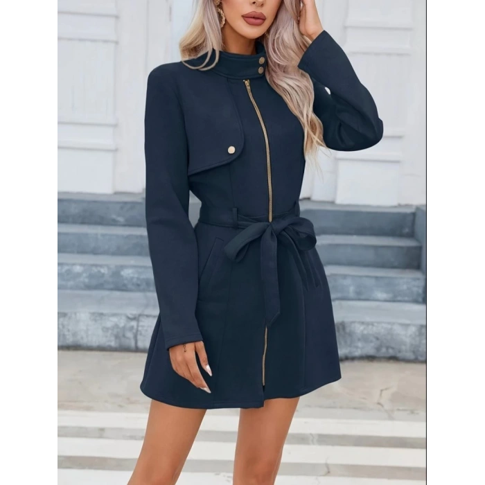 MDB Kadın Uzun Kollu Boyundan Düğmeli Fermuarlı Beli Kuşaklı Süet Ceket