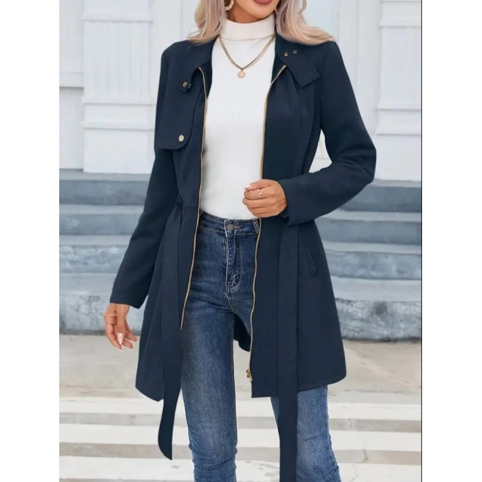 MDB Kadın Uzun Kollu Boyundan Düğmeli Fermuarlı Beli Kuşaklı Süet Ceket