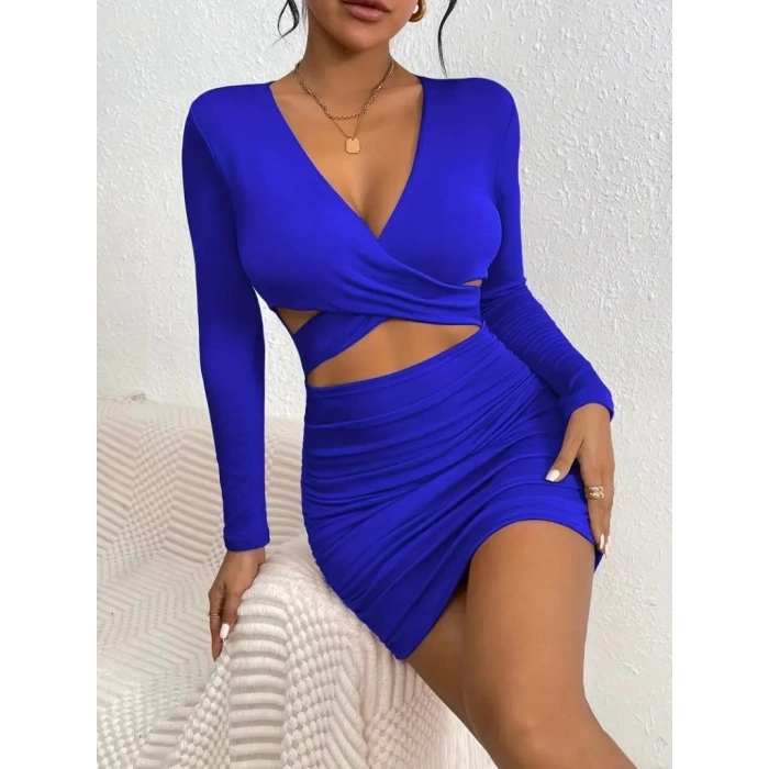 MDB Kadın Uzun Kollu çapraz Dekolte Detaylı Mini Sandy Elbise