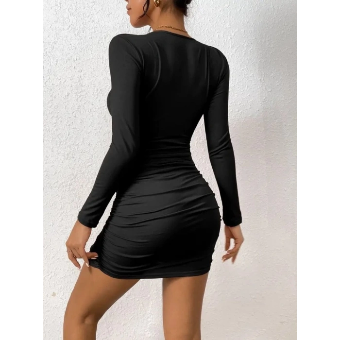 MDB Kadın Uzun Kollu çapraz Dekolte Detaylı Mini Sandy Elbise