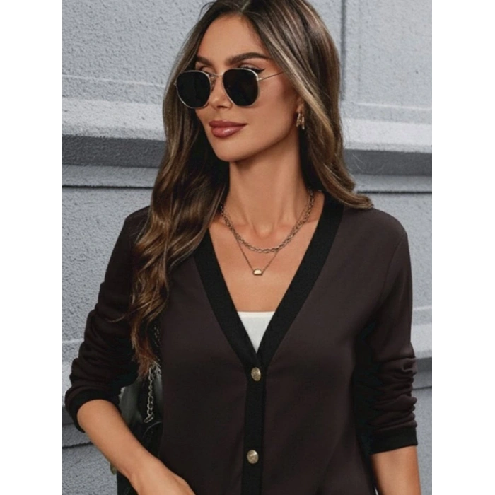 MDB Kadın Uzun Kollu Cepli önden Düğmeli Uzun Modal Ceket Hırka