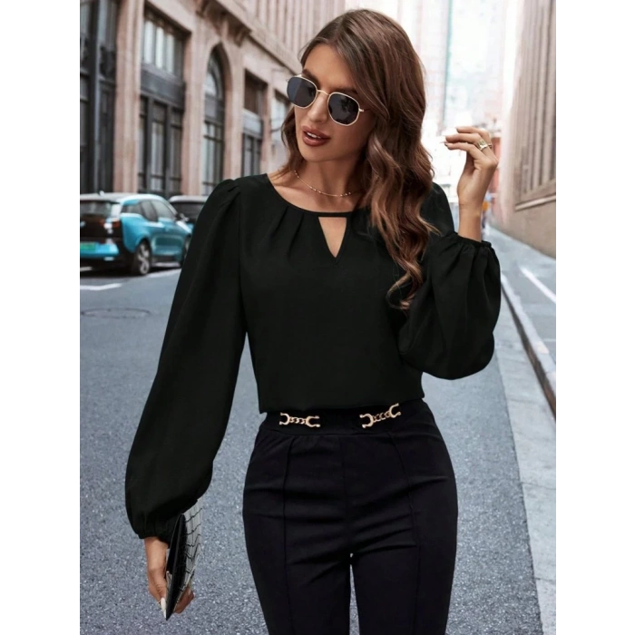 MDB Kadın Uzun Kollu Damla Detaylı Ithal Krep Bluz