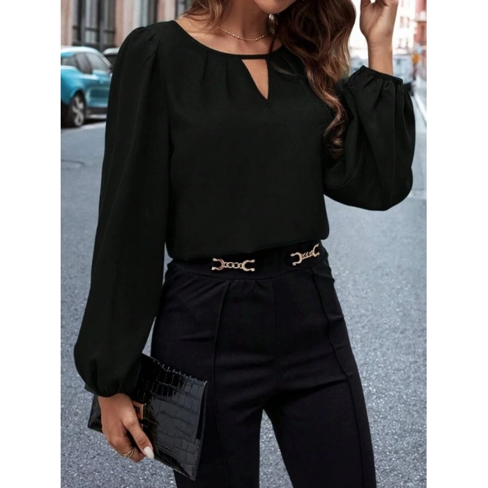 MDB Kadın Uzun Kollu Damla Detaylı Ithal Krep Bluz