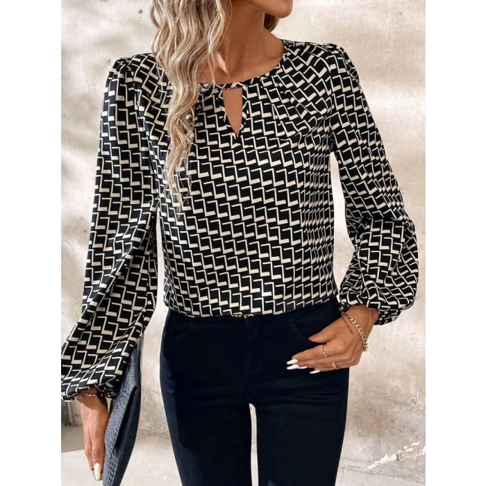 MDB Kadın Uzun Kollu Damla Detaylı Yaka Desenli Süprem Bluz