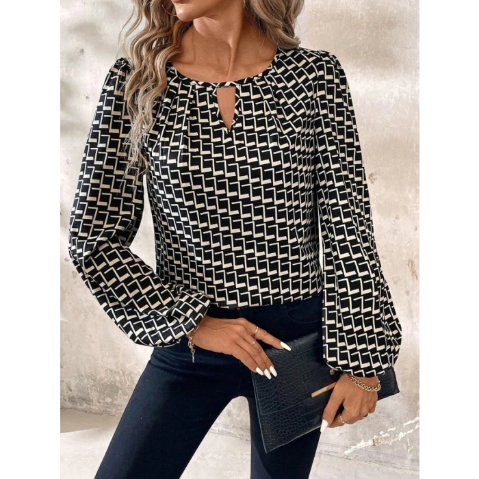 MDB Kadın Uzun Kollu Damla Detaylı Yaka Desenli Süprem Bluz