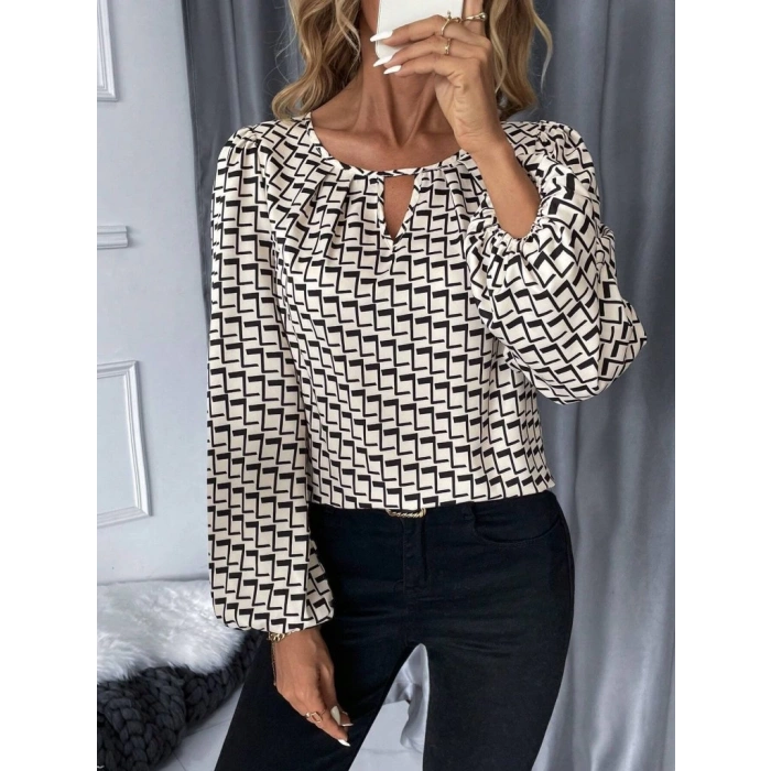 MDB Kadın Uzun Kollu Damla Detaylı Yaka Desenli Süprem Bluz