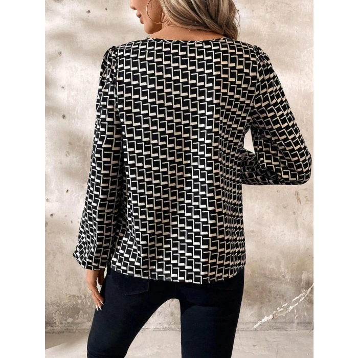 MDB Kadın Uzun Kollu Damla Detaylı Yaka Desenli Süprem Bluz