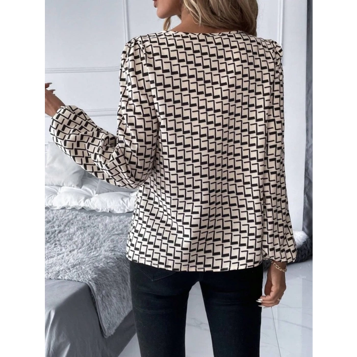 MDB Kadın Uzun Kollu Damla Detaylı Yaka Desenli Süprem Bluz