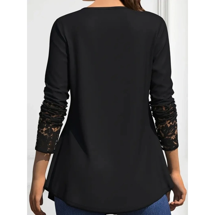MDB Kadın Uzun Kollu Dantel Detaylı Düğmeli Viskon Bluz