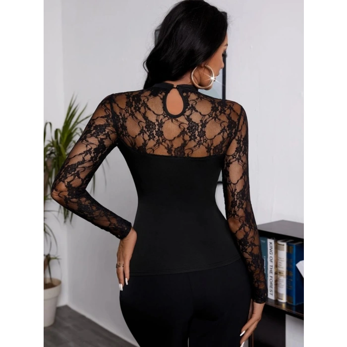 MDB Kadın Uzun Kollu Dantel Detaylı Viskon Bluz