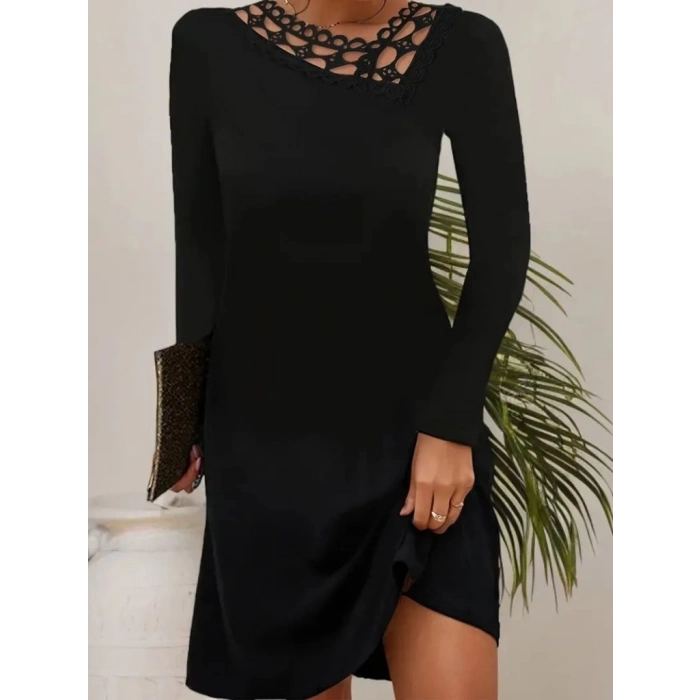 MDB Kadın Uzun Kollu Dantel Yaka Ithal Krep Mini Elbise