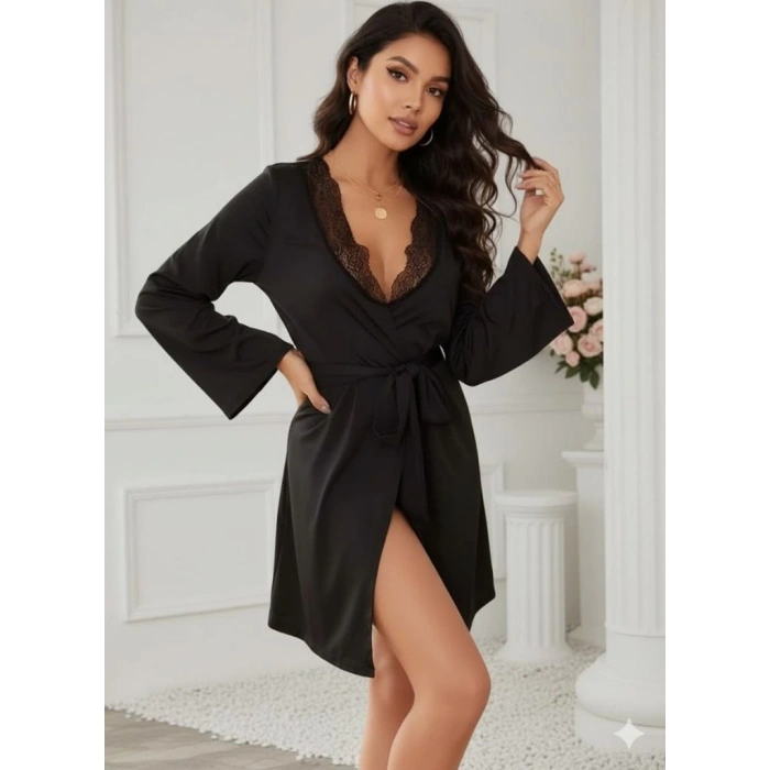 MDB Kadın Uzun Kollu Dantel Yakalı Belden Kuşaklı Viskon Gecelik