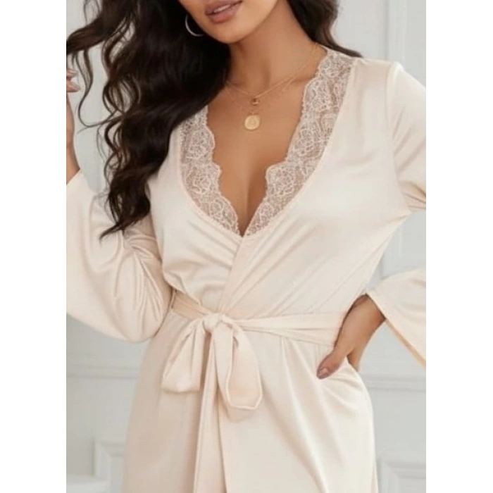 MDB Kadın Uzun Kollu Dantel Yakalı Belden Kuşaklı Viskon Gecelik