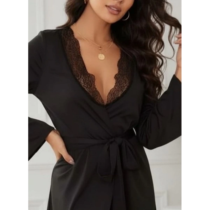 MDB Kadın Uzun Kollu Dantel Yakalı Belden Kuşaklı Viskon Gecelik