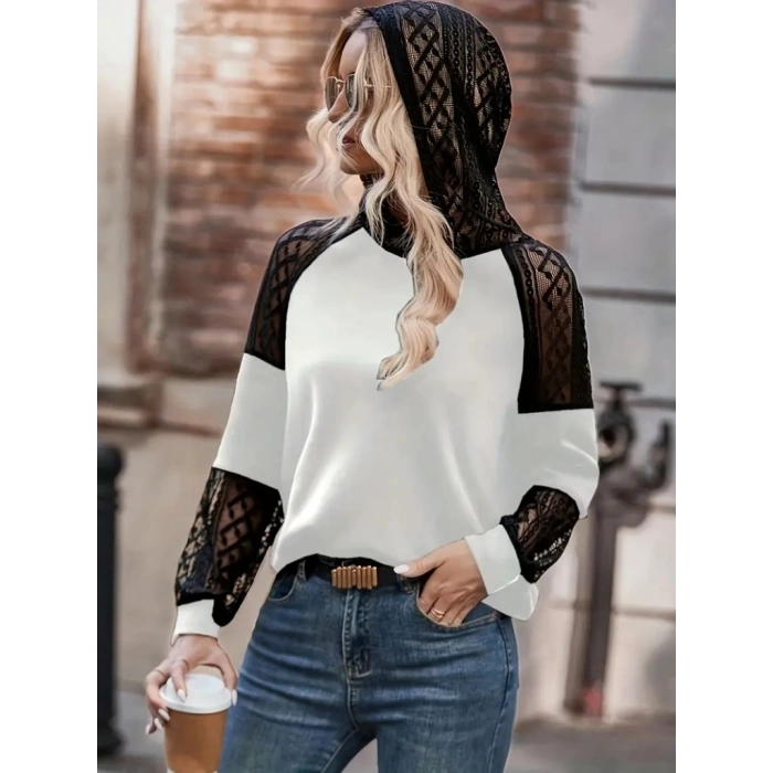 MDB Kadın Uzun Kollu Dantelli Kapşonlu Viskon Iki Iplik Bluz