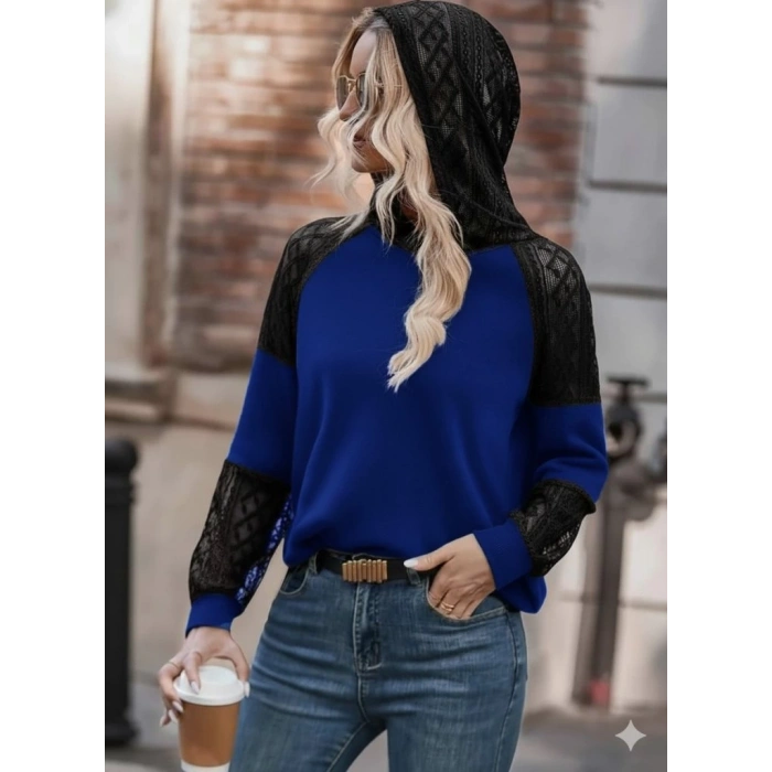 MDB Kadın Uzun Kollu Dantelli Kapşonlu Viskon Iki Iplik Bluz