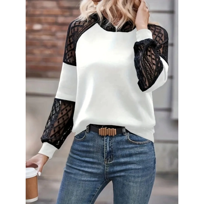 MDB Kadın Uzun Kollu Dantelli Kapşonlu Viskon Iki Iplik Bluz