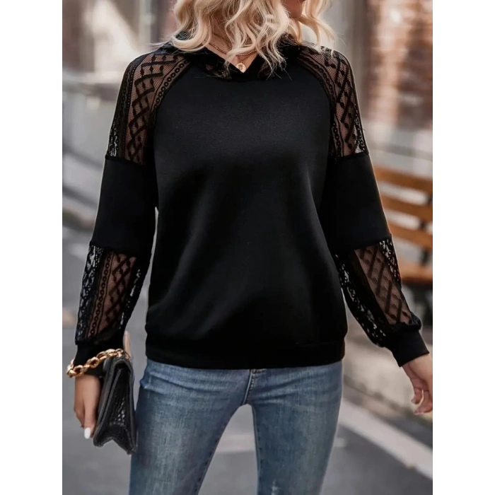 MDB Kadın Uzun Kollu Dantelli Kapşonlu Viskon Iki Iplik Bluz