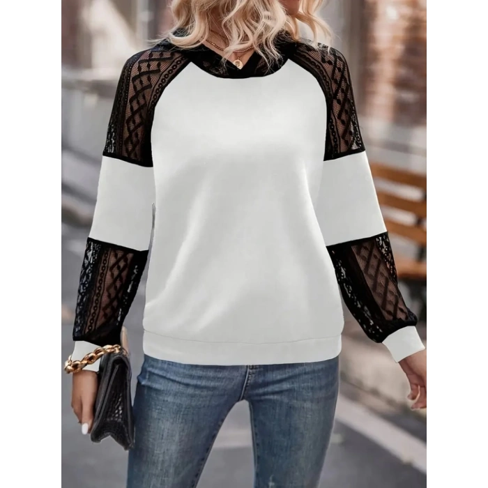 MDB Kadın Uzun Kollu Dantelli Kapşonlu Viskon Iki Iplik Bluz