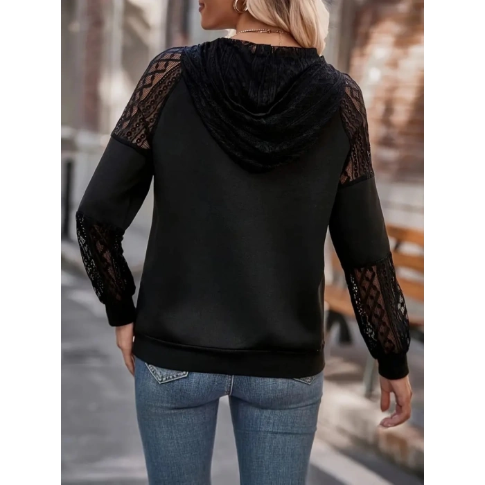 MDB Kadın Uzun Kollu Dantelli Kapşonlu Viskon Iki Iplik Bluz