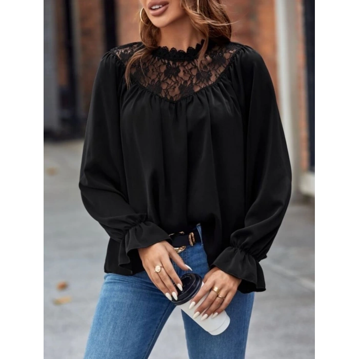 MDB Kadın Uzun Kollu Dantelli Salaş Sandy Bluz