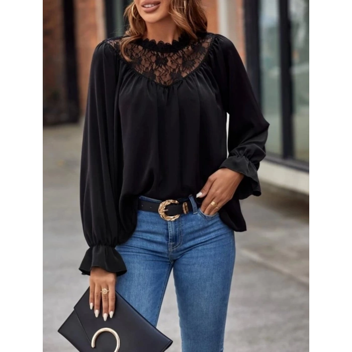 MDB Kadın Uzun Kollu Dantelli Salaş Sandy Bluz