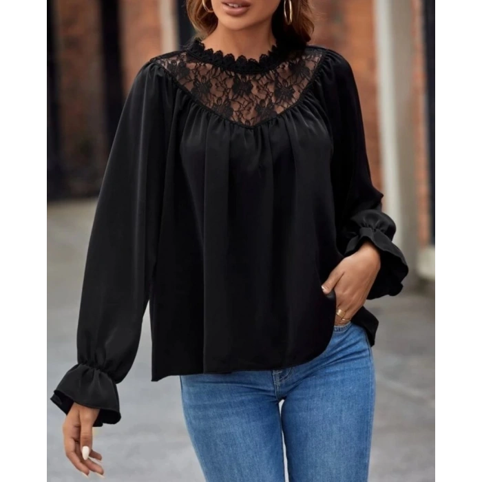 MDB Kadın Uzun Kollu Dantelli Salaş Sandy Bluz