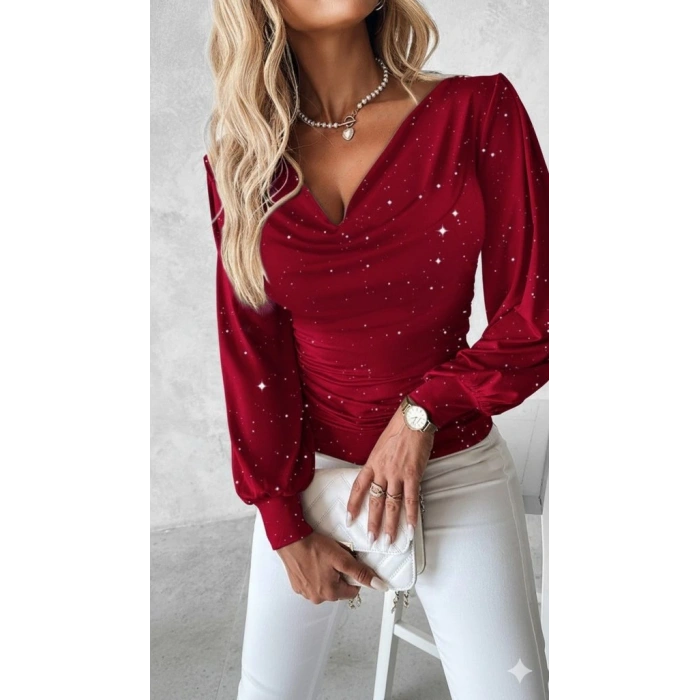 MDB Kadın Uzun Kollu Degaje Yaka Taşlı Sandy Bluz