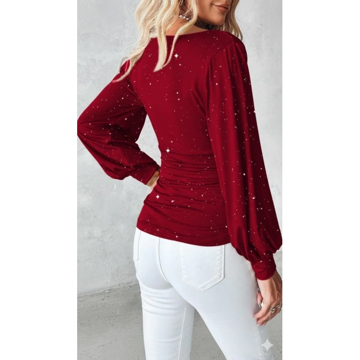 MDB Kadın Uzun Kollu Degaje Yaka Taşlı Sandy Bluz