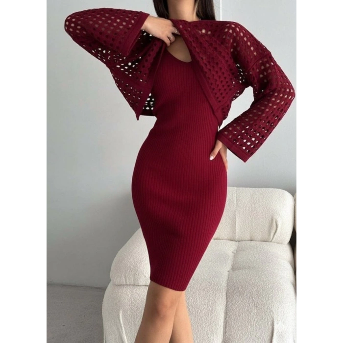 MDB Kadın Uzun Kollu Delikli Kazak Askılı Elbise Triko Ikili Takım