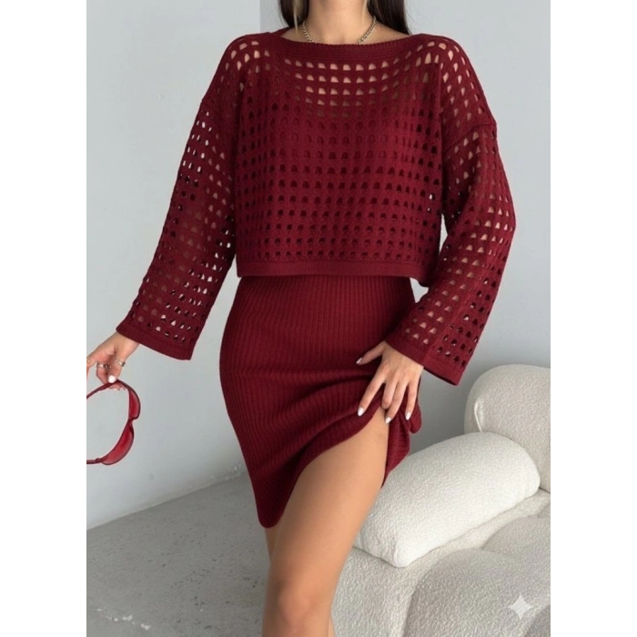 MDB Kadın Uzun Kollu Delikli Kazak Askılı Elbise Triko Ikili Takım
